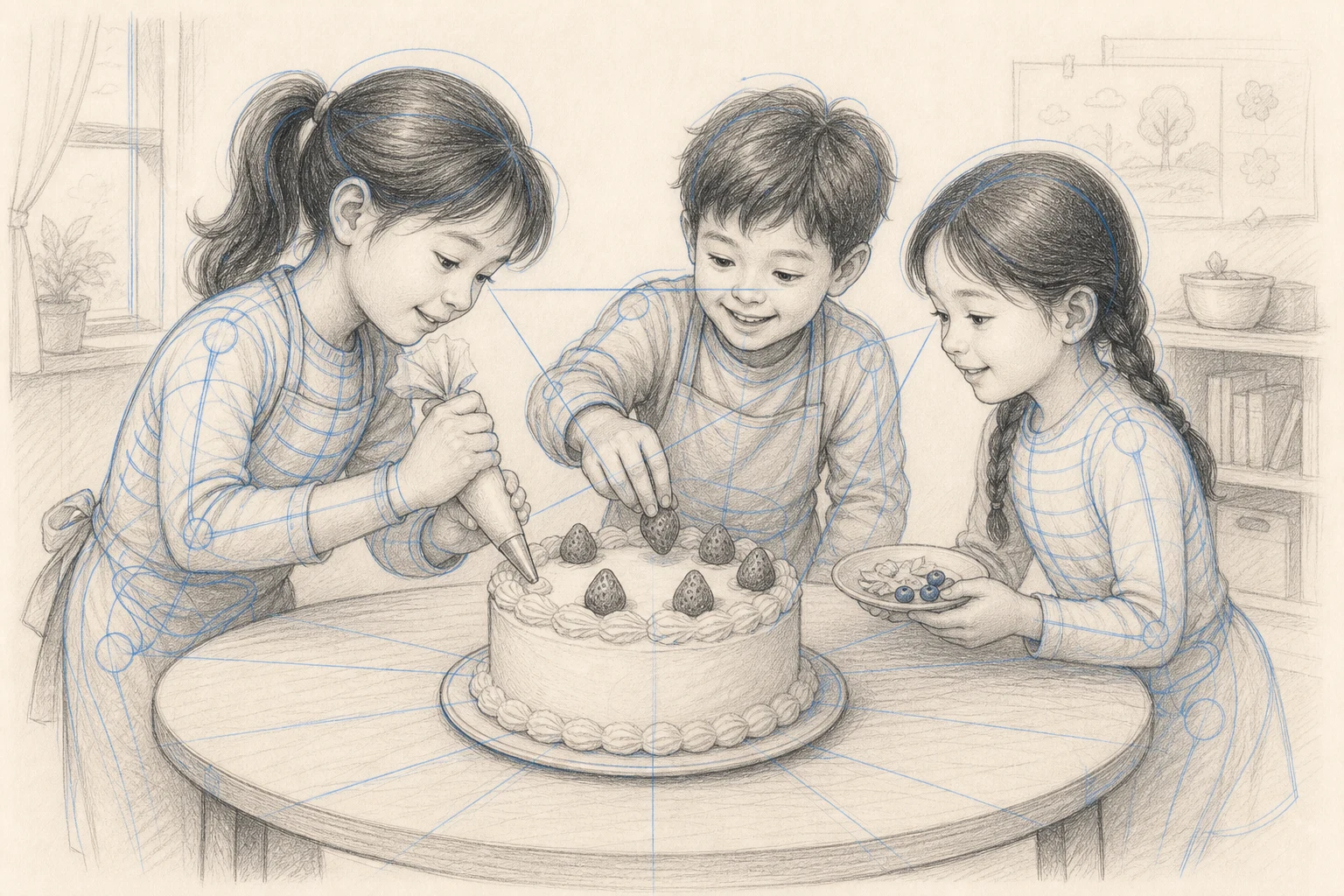 세 아이가 함께 케이크를 꾸미는 파란 구조선 연필화