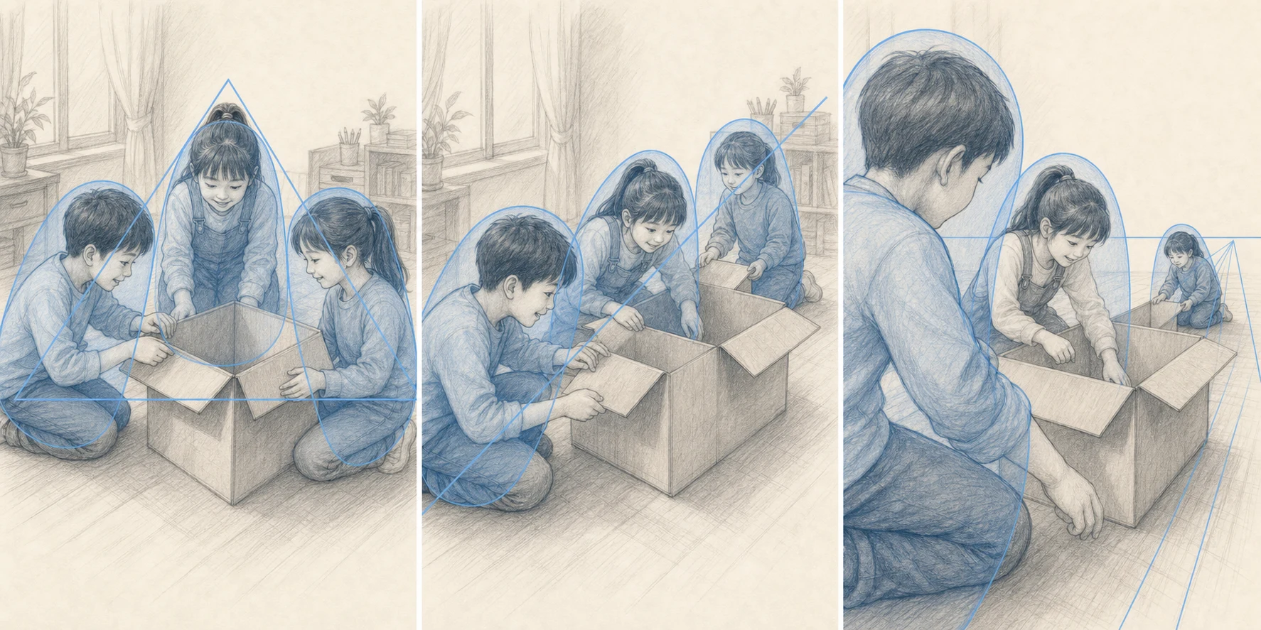 상자를 함께 여는 세 아이를 삼각형, 대각선, 가까이와 멀리 구도로 비교한 파란 구조선 연필 도판