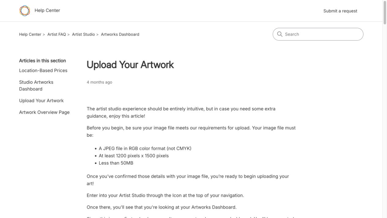 Saatchi Art Upload Your Artwork 도움말 화면