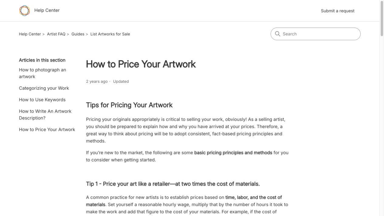 Saatchi Art How to Price Your Artwork 공식 화면