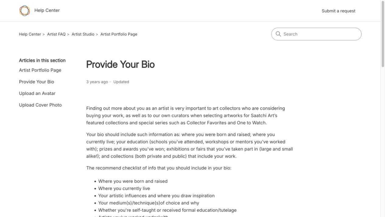 Saatchi Art Provide Your Bio 공식 도움말 화면
