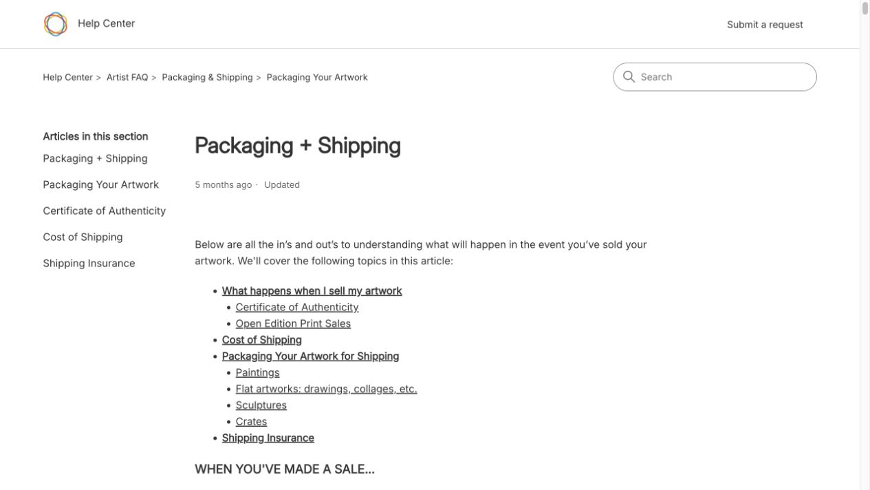 Saatchi Art Packaging and Shipping 공식 화면